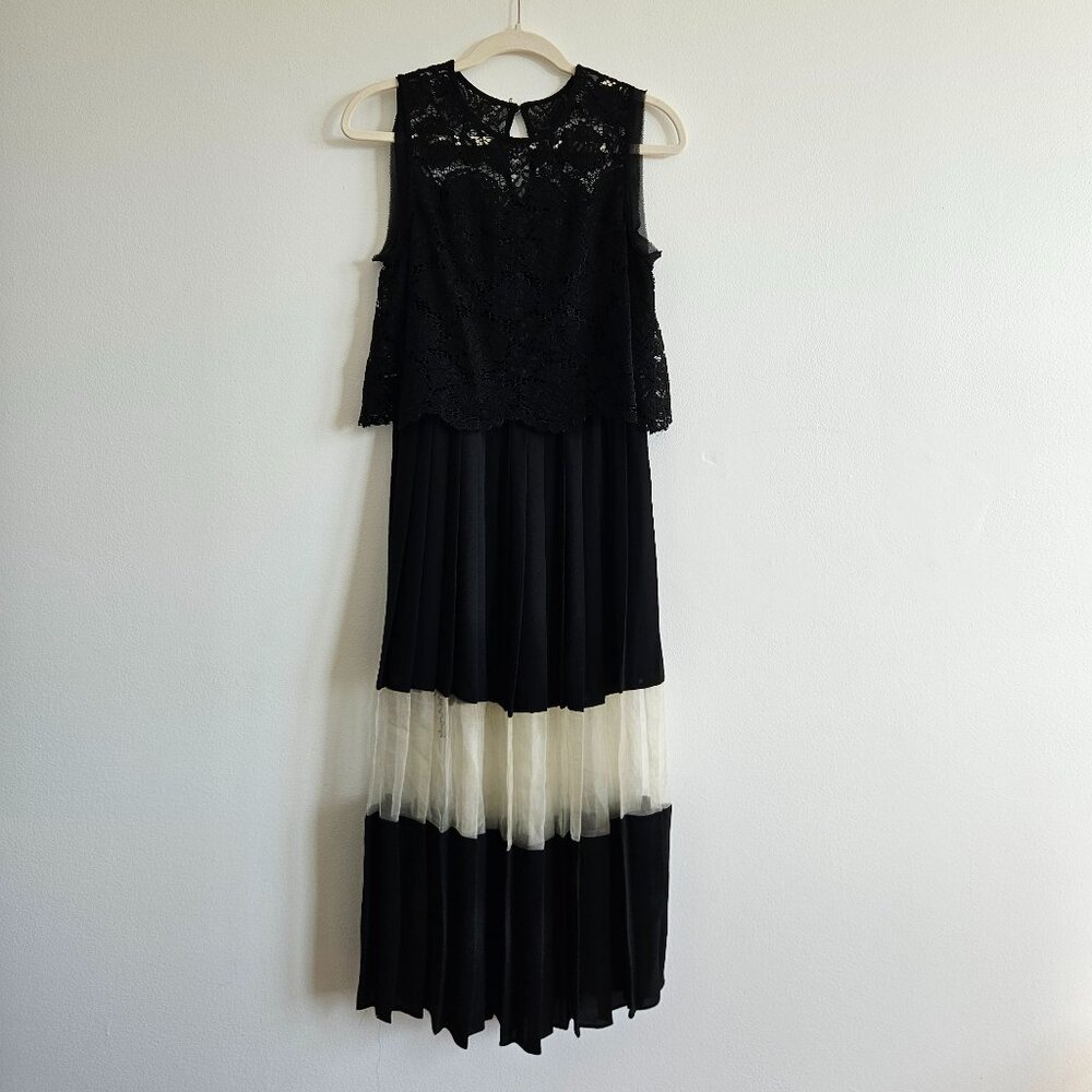 Strut & Bolt Midi Black and White Tiered Dress Size M Medium Lace Sheer Panel